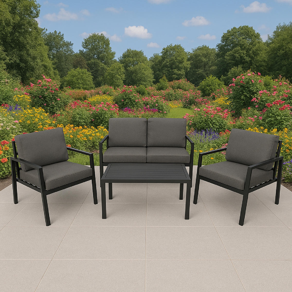 LOUNGESET Kilbride - 4-teilig (1x 2-sitzer Sofa mit Polster, 2x 1-sitzer Lehnenessel mit Polster, 1x Kaffeetisch), Aluminium - Grau, Metall - TPFGarden
