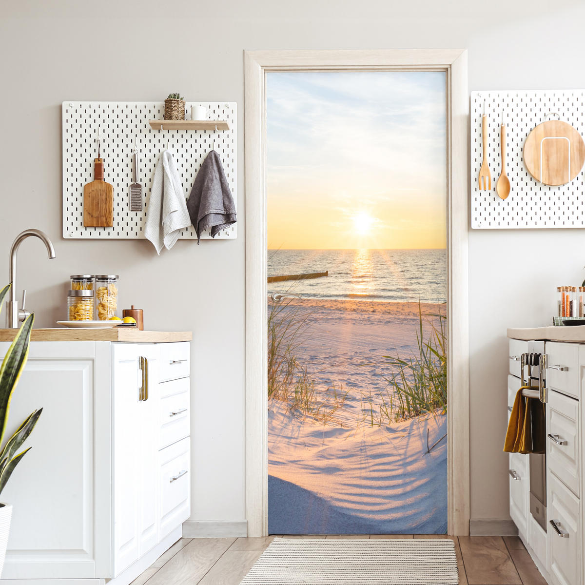 TÜRAUFKLEBER Strand - Sonne - Düne - Gras - Sand - Horizont Room Decor 85x205 cm - Türtapete - Dunkelgelb, Kunststoff (85/0.1cm) - MuchoWow