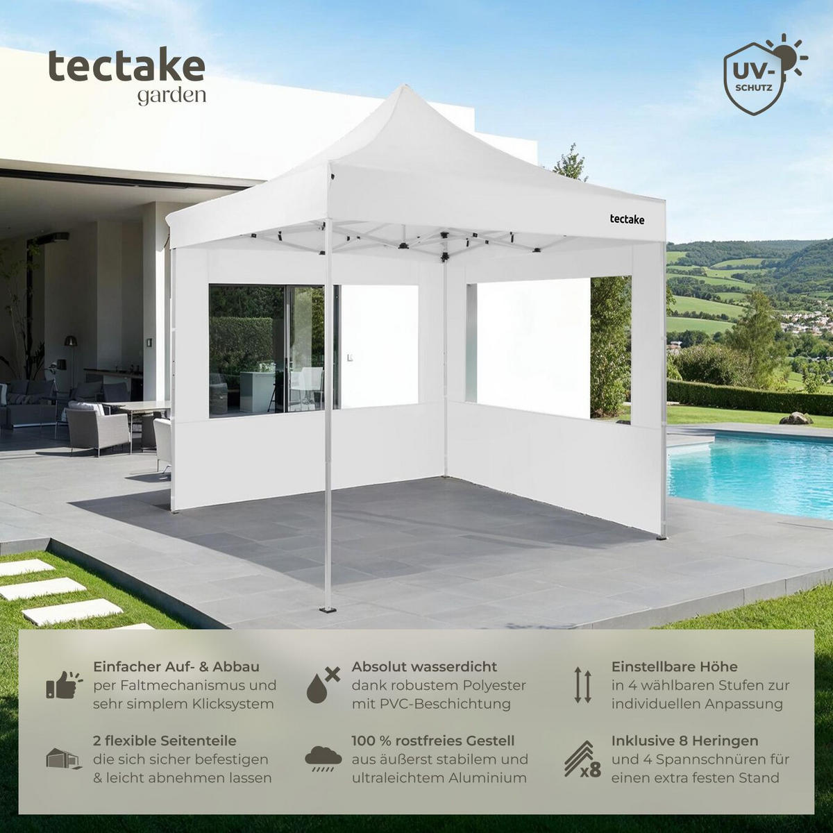 PAVILLION aus Aluminium Olivia, inklusive Spannseilen, Heringen und Tragetasche, weiß - Weiß, Kunststoff (300/280/300cm) - tectake