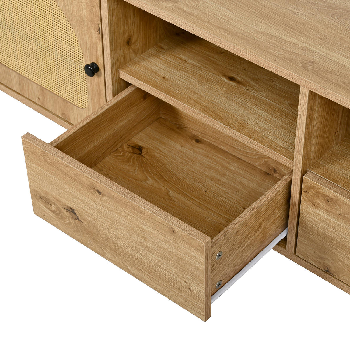 LOWBOARD in Holzoptik Ovales TV-Schrank mit Rattan und Schiebetüren, B200/T40/H49,5 - Schwarz/Naturfarben, Holzwerkstoff/Metall (200/49.5/40cm) - STILVORA
