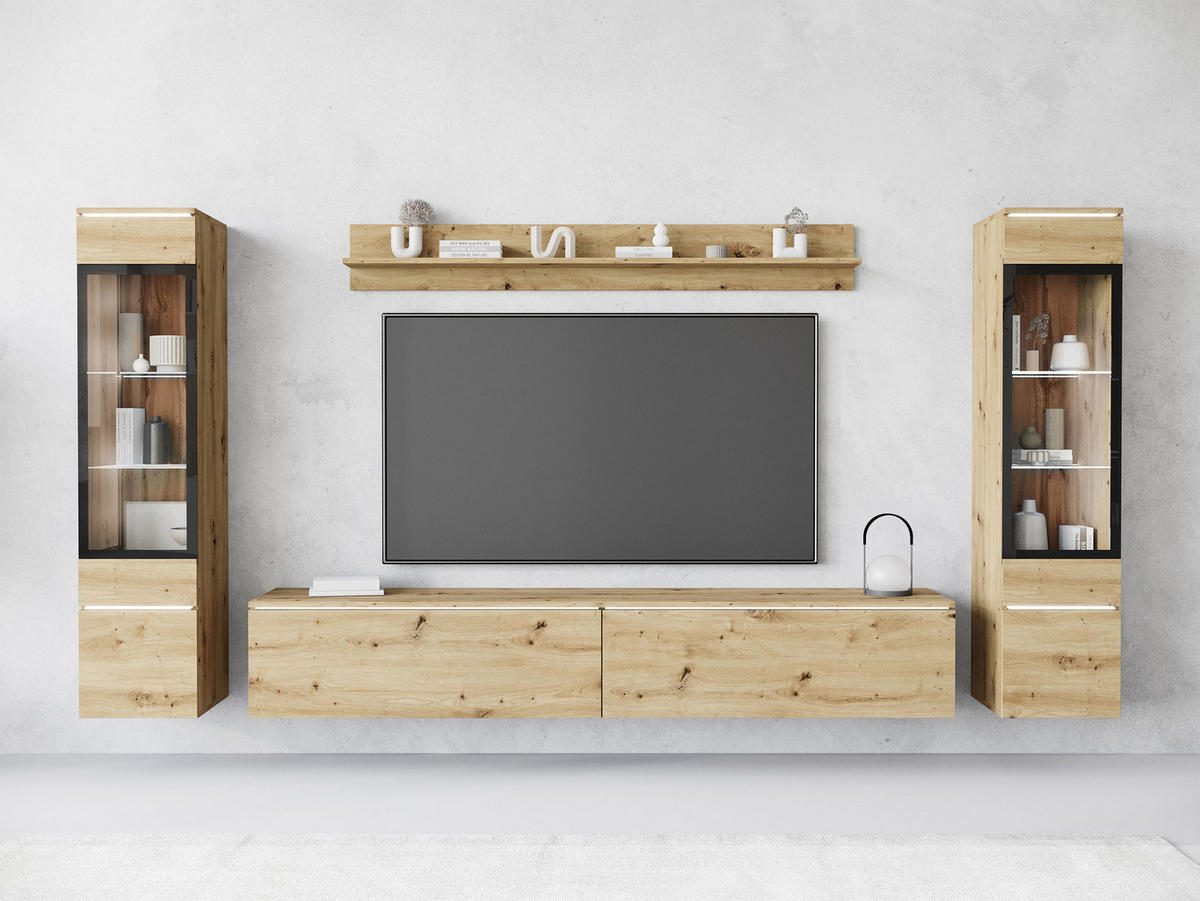 WOHNWAND Vera II mit weißer LED Beleuchtung - Eiche Artisan, Holzwerkstoff (30/130/33cm) - MIRJAN24
