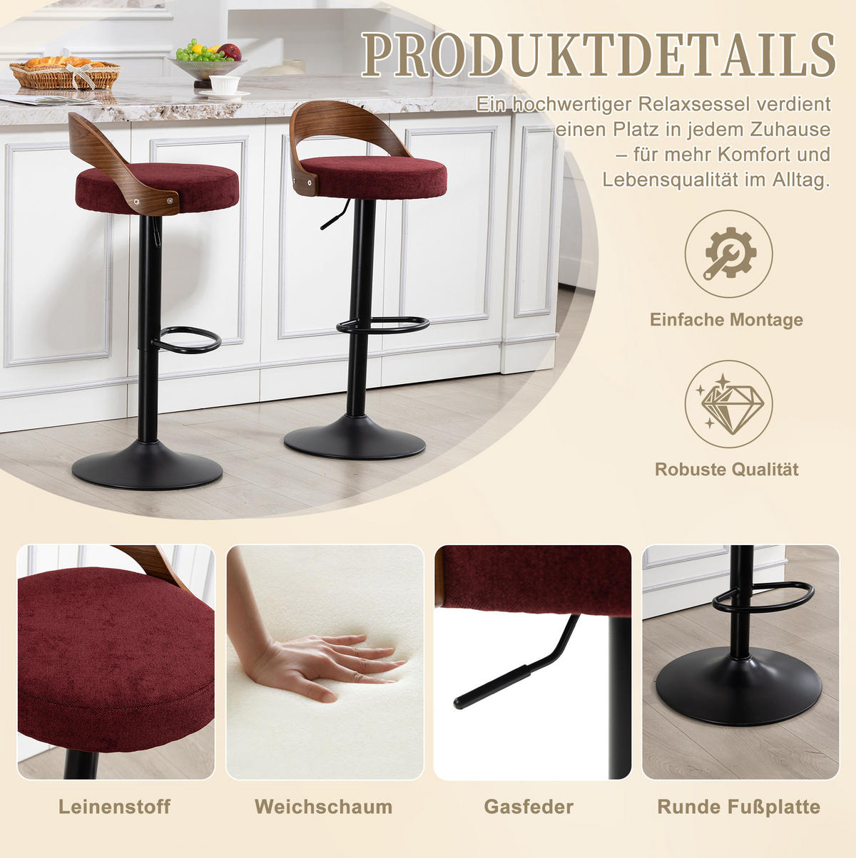 BARHOCKER 2er-Set, 360° drehbar, höhenverstellbar, Weinrot - Weinrot, Metall (42/77/42.5cm) - MIVRAY