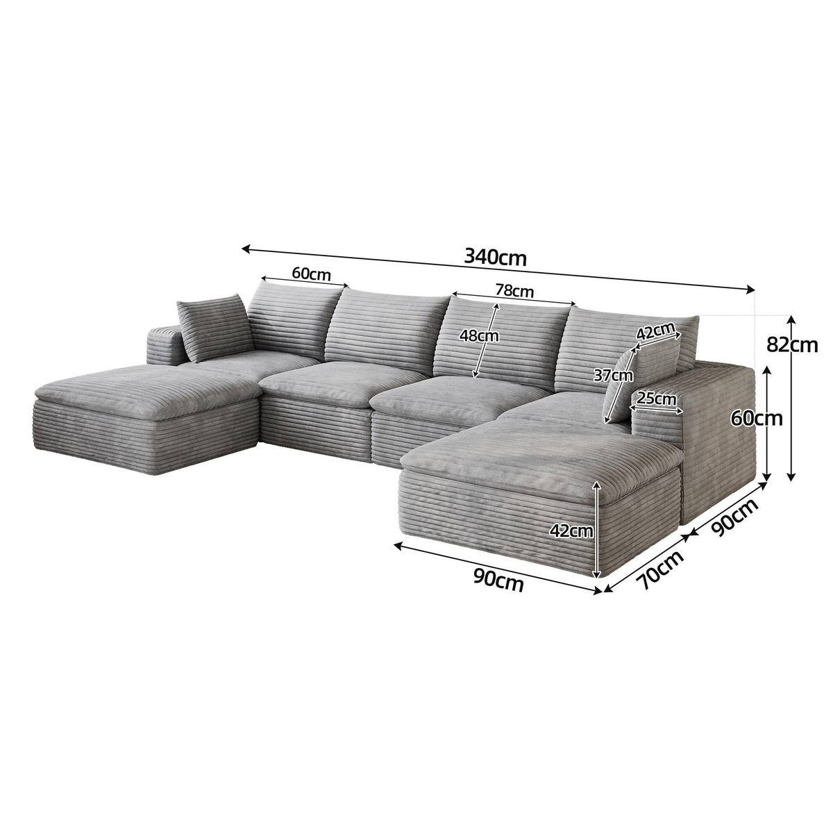 WOHNLANDSCHAFT aus Stoff 340 cm Grau mit abnehmbarer Polsterung und Schaumstoffkern - Grau, Textil (340/60/160cm) - Modfu