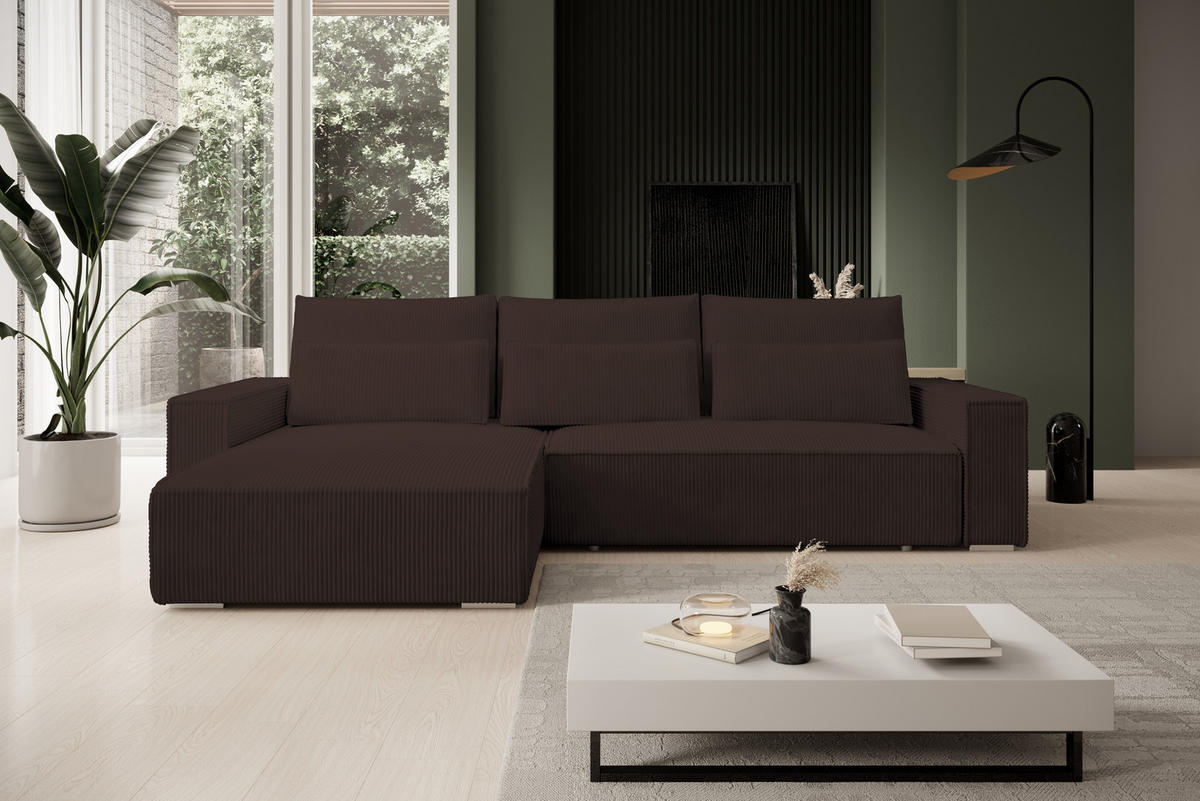ECKSOFA Alice mit Bettkasten und Schlaffunktion, Cordstoff in L-Form - Braun, Textil (289/184cm)