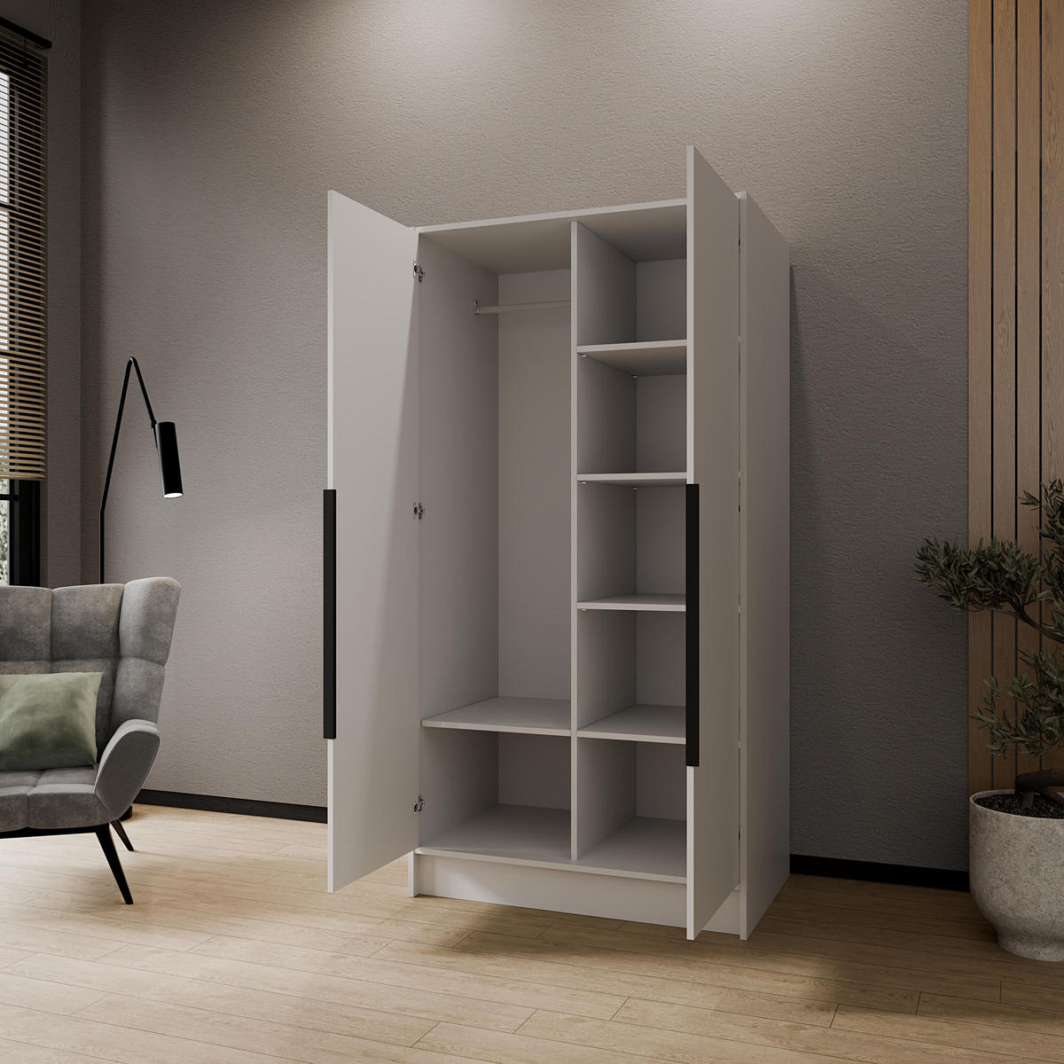 KLEIDERSCHRANK Mono Bis im Skandi-Stil, Drehtüren mit Schwarze Metallgriffe, Weiß 102/200/51 cm - Weiß, Holzwerkstoff (102/200/51cm) - WFL GROUP