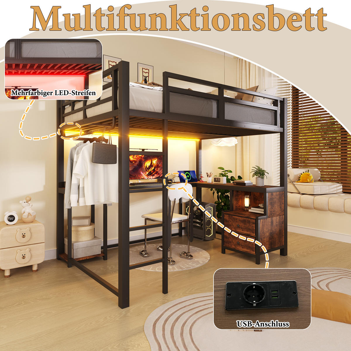 HOCHBETT 140/200 cm in Schwarz Metall und Holz mit LED, USB, Schreibtisch und Ablagefächern - Schwarz, Holzwerkstoff/Metall (140/200cm) - WISHDOR