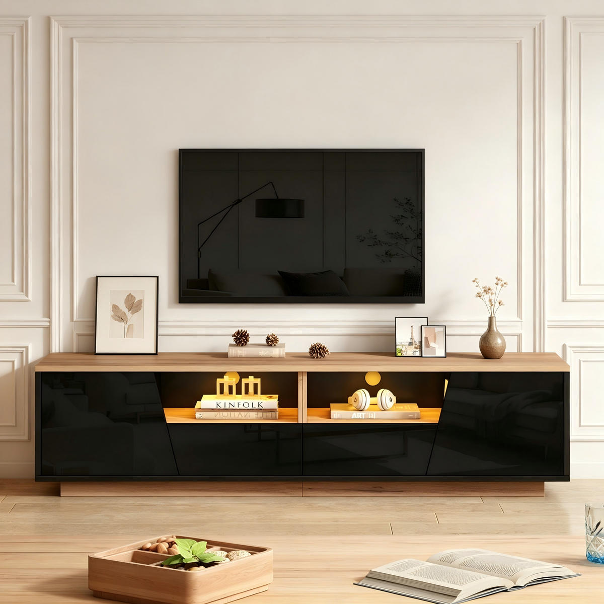 TV-SCHRANK 180/40/46 cm Schwarz mit LED, 2 Schubladen und 2 Türen - Schwarz, Holzwerkstoff (180/46/40cm) - Oxeza