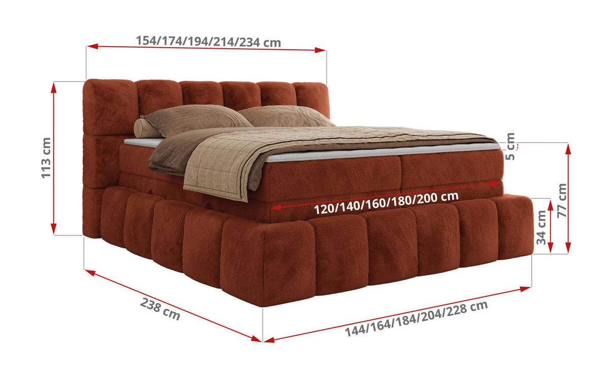 BOXSPRINGBETT NIRA KING 120/200 Orange Plüsch - H3 - Orange, Holz/Textil (120/200cm) - MKS