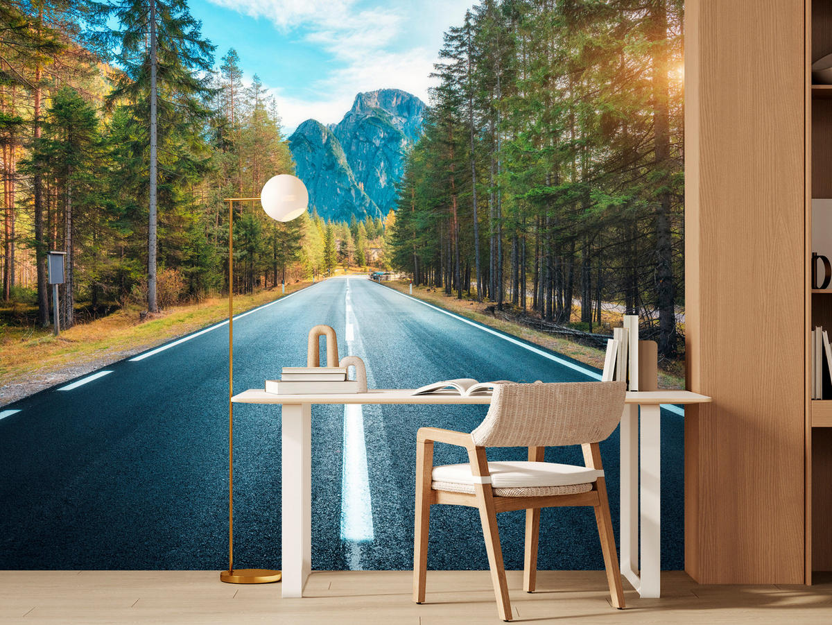 FOTOTAPETE für Wohnzimmer Asphaltstraße Bergwald Bäume Pflanzen 100x70 - Gelb/Schwarz, Papier (100/70cm) - Muralo