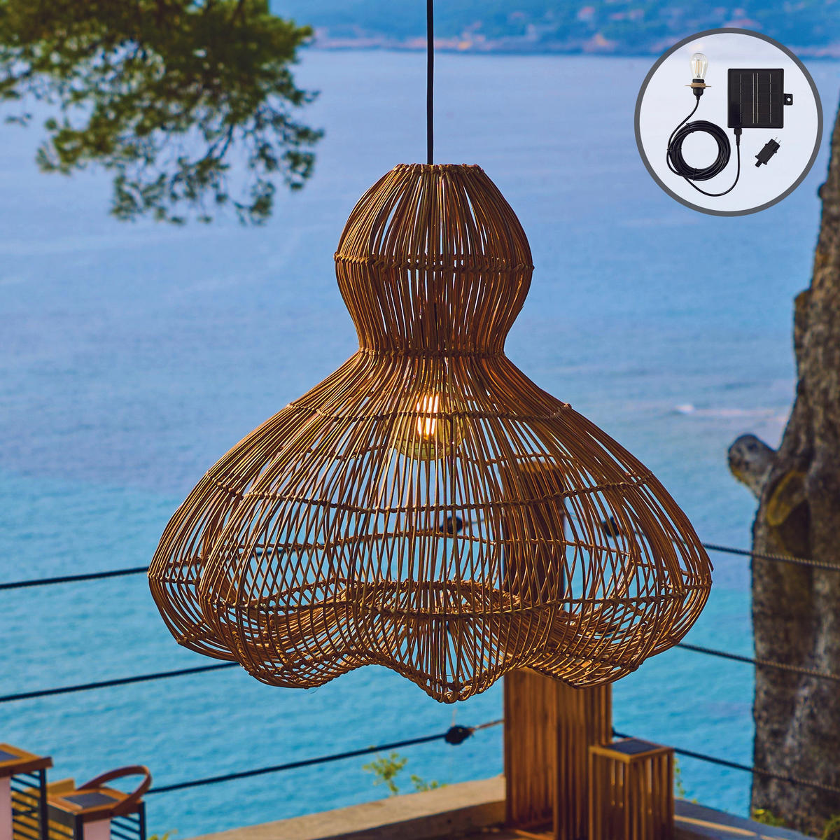 RONDA Solar-Pendelleuchte, 60 cm Durchmesser, 5 m Länge - Beige, Holz (60/60/53cm) - Lumisky