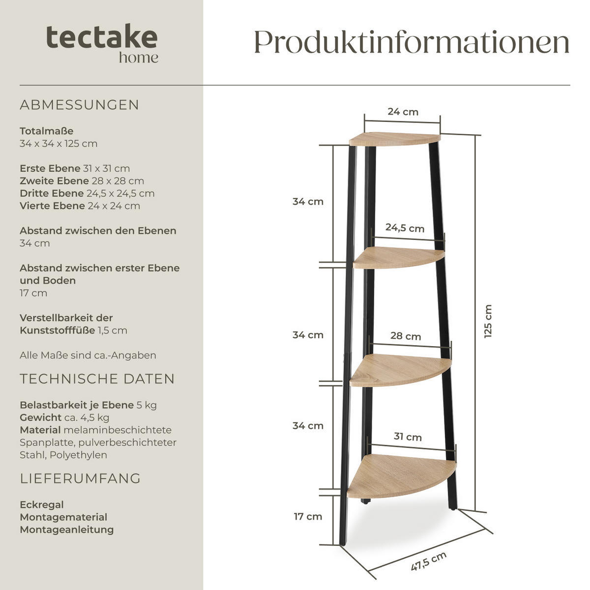ECKREGAL Newbridge,inklusive Kippschutz, 34 x 34 x 125 cm,Industrial Holz hell, Eiche Sonoma - Naturfarben, Holzwerkstoff (34/125/34cm) - tectake