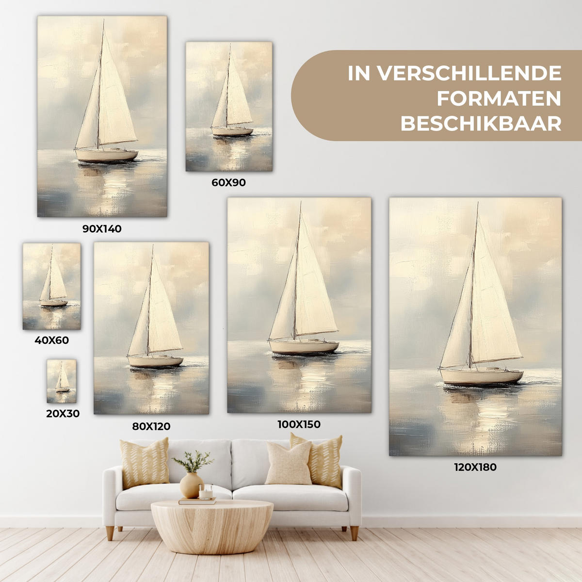 LEINWANDBILD Segelschiff - Meer - Bewölkt Deko XXL 80x120 cm - Creme, Textil (80/120cm) - MuchoWow