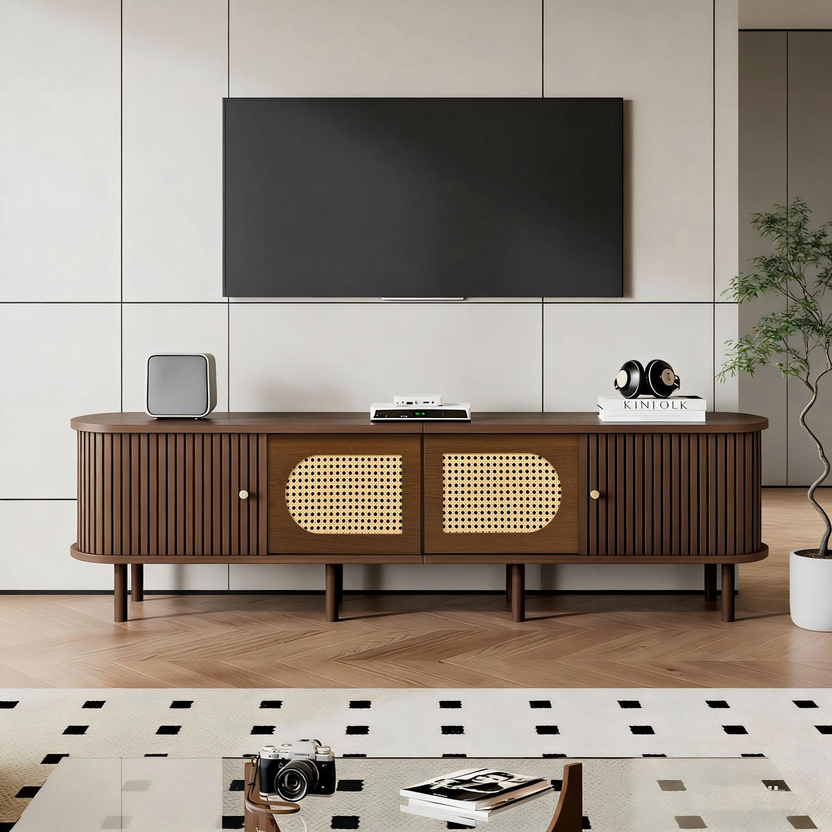 TV-SCHRANK Oval Lowboard Nussbaum Rattan 180cm Modern - Eichefarben, Holzwerkstoff (180/40/40cm) - FLIEKS