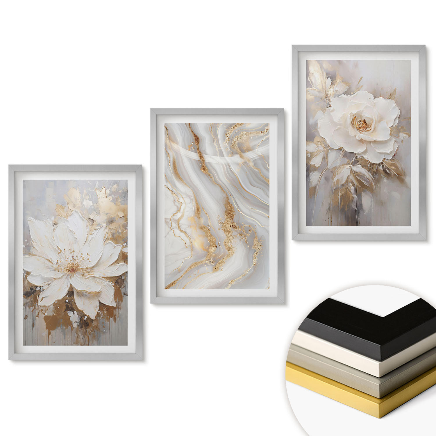 WANDBILDER 3er Set - 40x60 cm Silberner Rahmen - Abstrakte Blumen aus Marmor - Silberfarben, Kunststoff (40/60cm) - ArtPrintCave