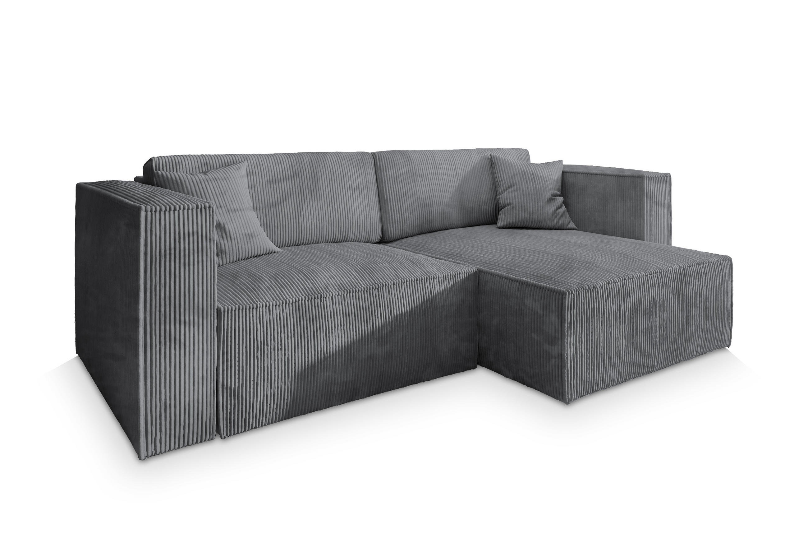 ECKSOFA NERIO P Grau Kordstoff mit Schlaffunktion - Grau, Holz (245/148cm) - MASSENO