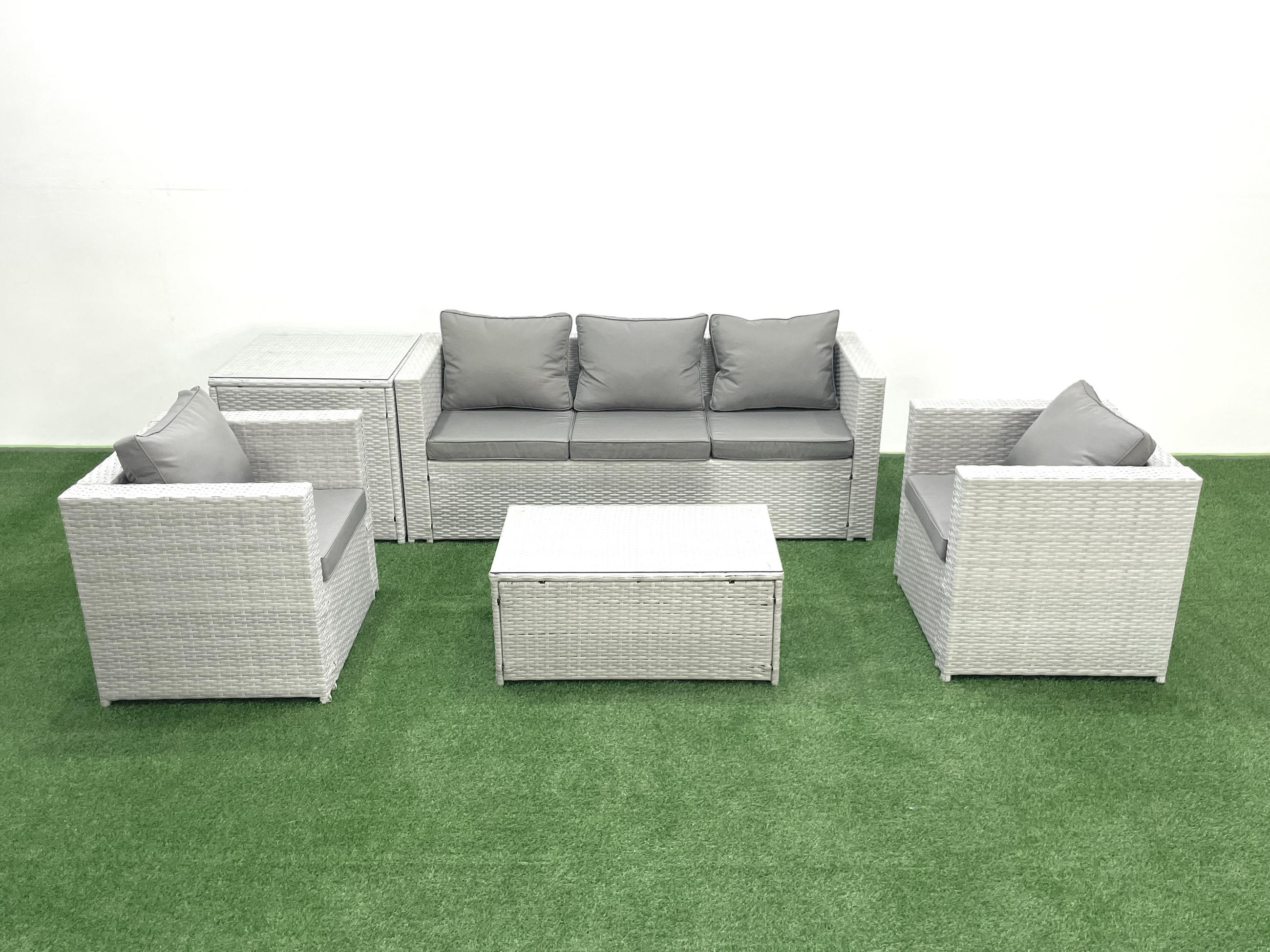 GARTENMÖBELSET mit 3-SITZER SOFA,COUCHTISCH Polyrattan Hellgrau-Mix 5-Sitzer - Hellgrau/Grau, Glas/Kunststoff - Fimous