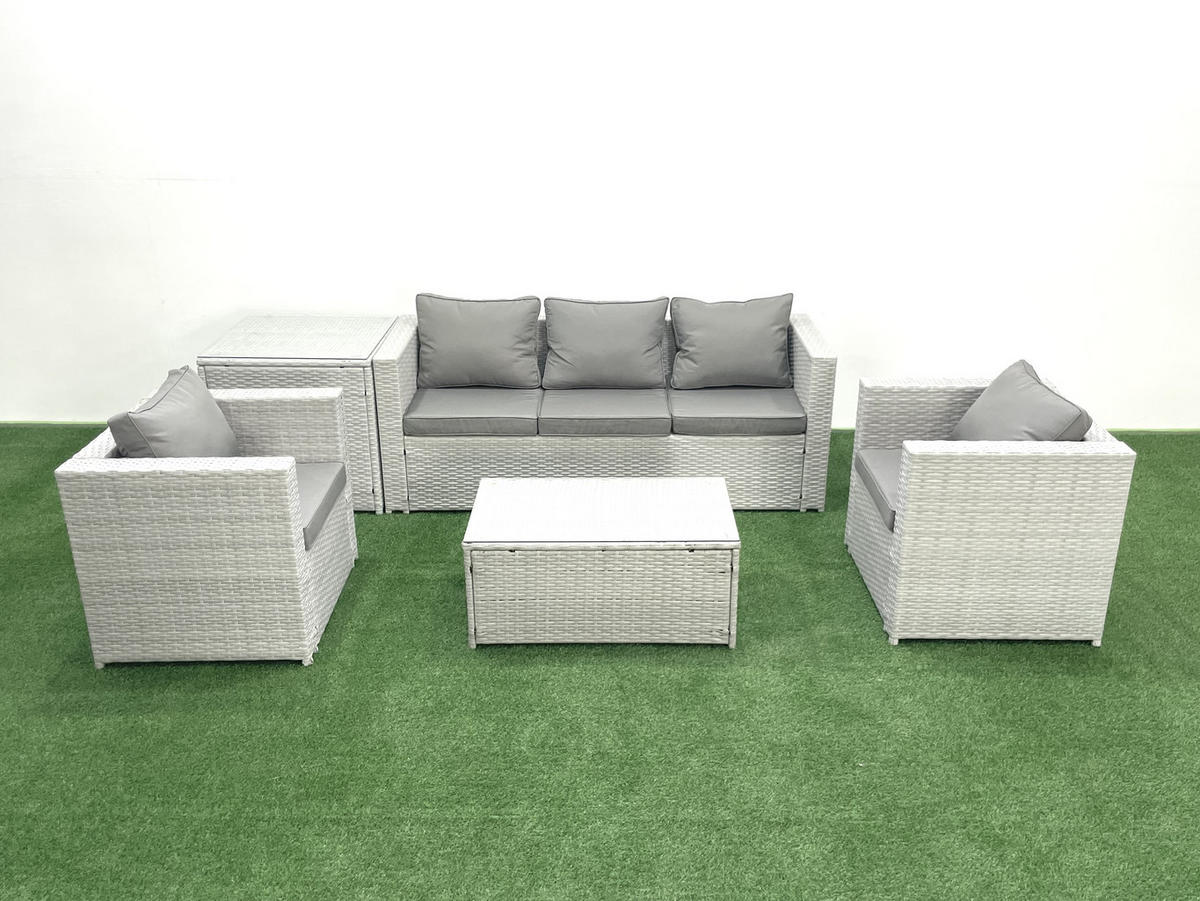 GARTENMÖBELSET mit 3-SITZER SOFA,COUCHTISCH Polyrattan Hellgrau-Mix 5-Sitzer - Hellgrau/Grau, Glas/Kunststoff - Fimous