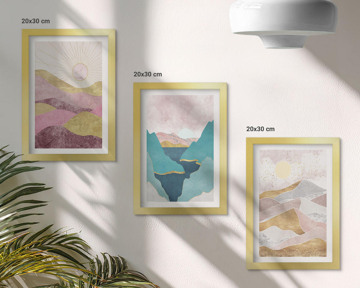 WANDBILDER 3er Set - 20x30 cm Goldrahmen - Abstrakte Berge Sonne - Goldfarben, Kunststoff (20/30cm) - ArtPrintCave