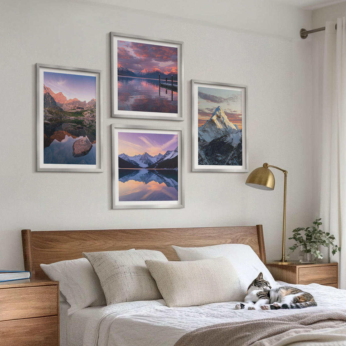 BILDER SET 4er Set - 50x50 cm & 40x60 cm Silberner Rahmen - Berglandschaften im Hintergrund - Silberfarben, Kunststoff (50/50cm) - TULUP