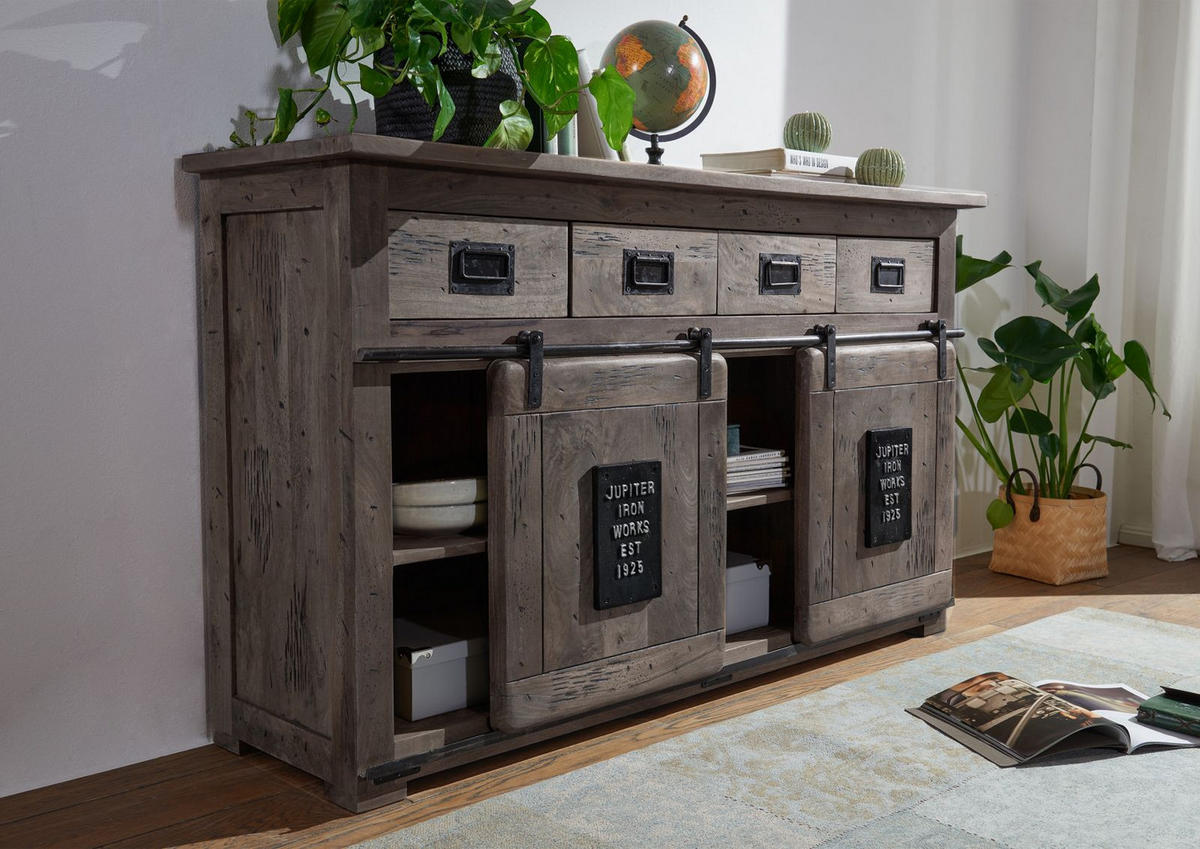SIDEBOARD Mango 150x45x90 grau lackiert RAILWAY #220 - Grau, Holz (150/90/45cm) - Massivmoebel24