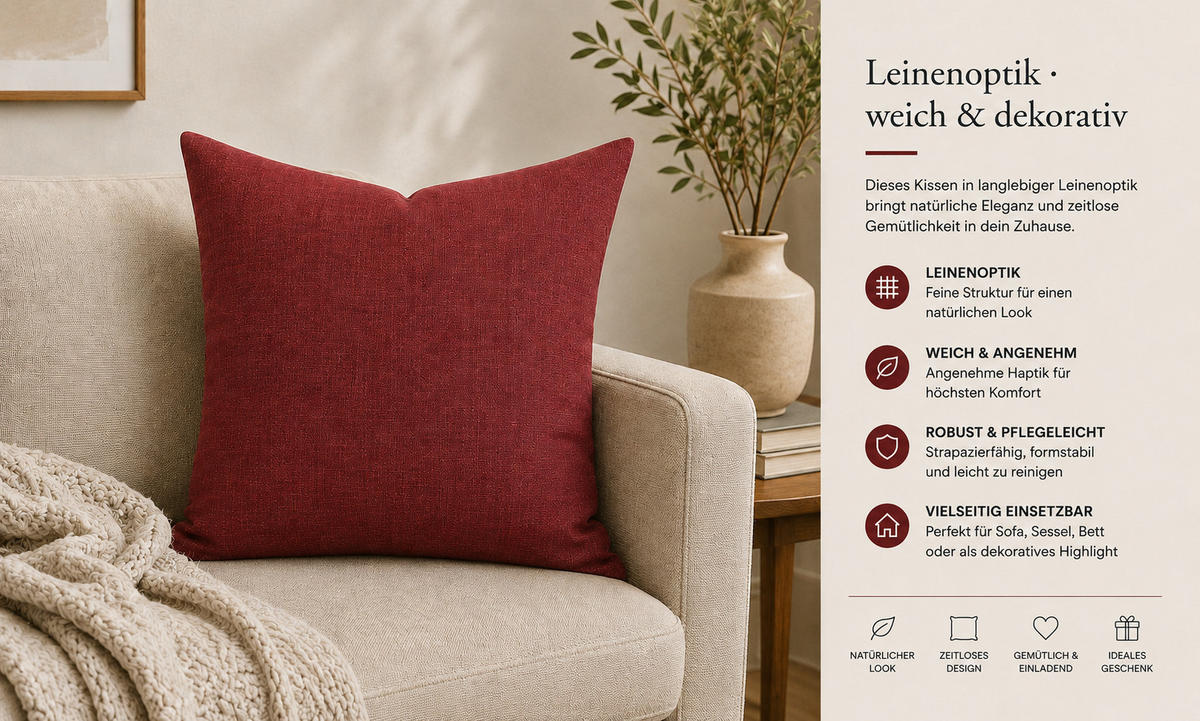 KISSENBEZUG Leinenoptik 80/80 cm Bordeaux - Bordeaux, Textil (80/80cm) - TiborTex