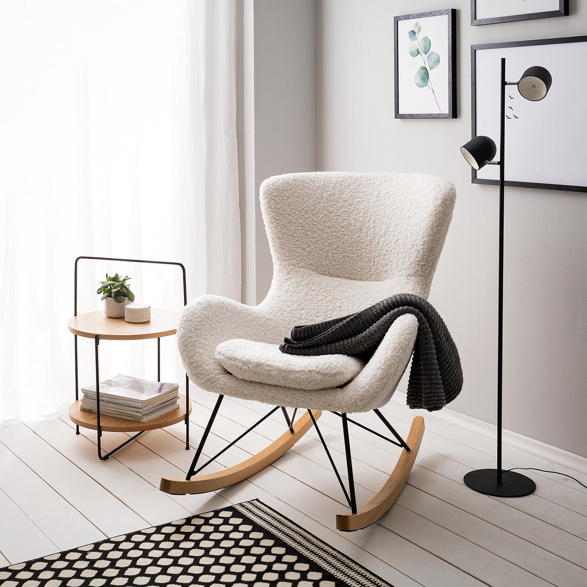 SCHAUKELSTUHL - Teddystoff - Hellbraun/Weiß, Holz/Textil (76/103/100cm) - home24