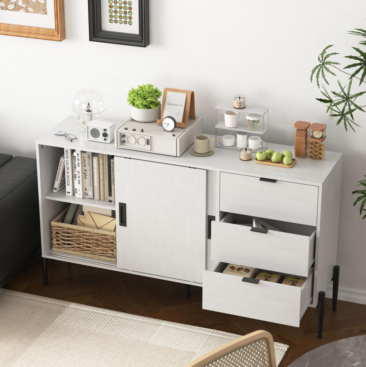 SIDEBOARD mit 2 Glastüren und 3 Schubladen in Weiß - Weiß, Holzwerkstoff (155/91.5/40cm) - BEAOK