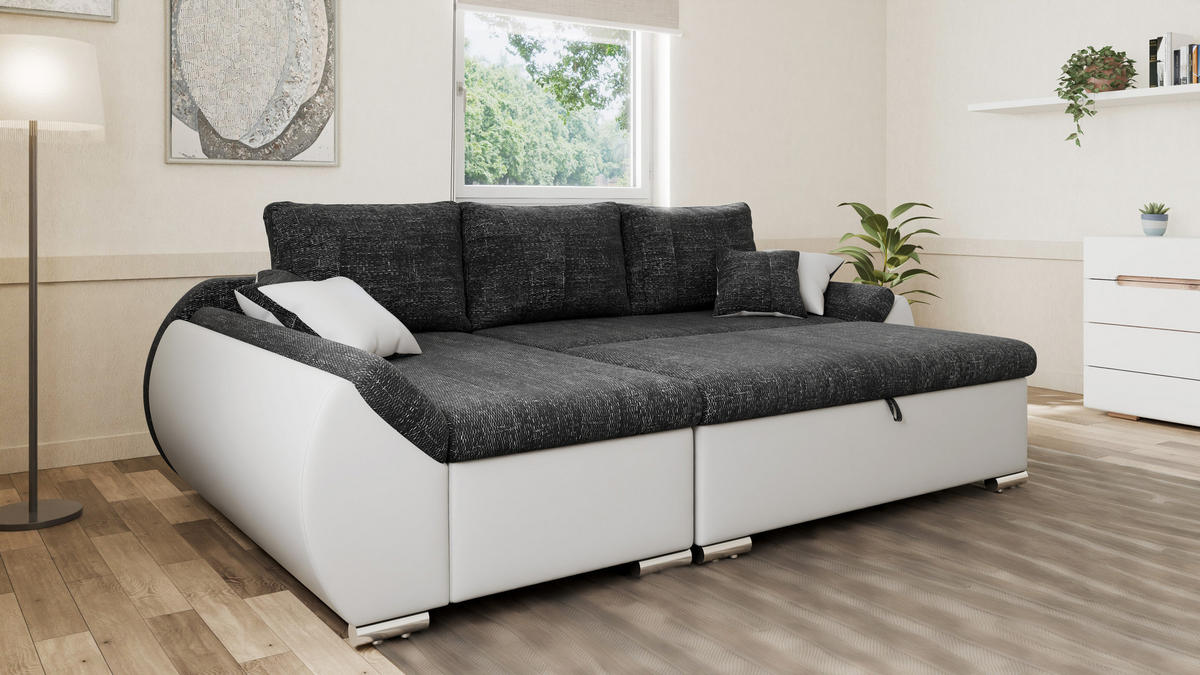 ECKSCHLAFSOFA ALEX – Schwarz + Weiß (Lawa 06 + Soft 17) + Hocker - Links - Schwarz, Holzwerkstoff/Metall (275/155cm) - Möblo