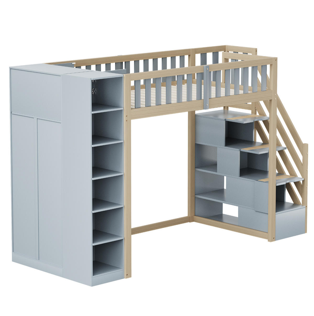 HOCHBETT mit Kleiderschrank und Regalen 90x200 cm Grau/Holzfarbe - Grau, Holzwerkstoff (90/200cm) - Beauniv