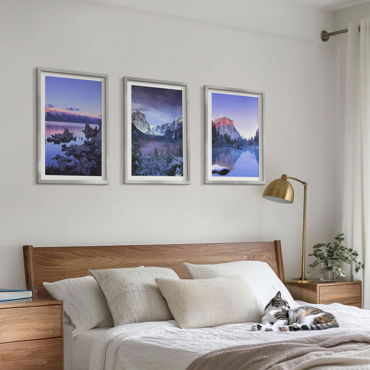 BILDER SET 3er Set - 40x60 cm Silberner Rahmen - Berglandschaften, Sonnenuntergang, Wasser - Silberfarben, Kunststoff (40/60cm) - TULUP