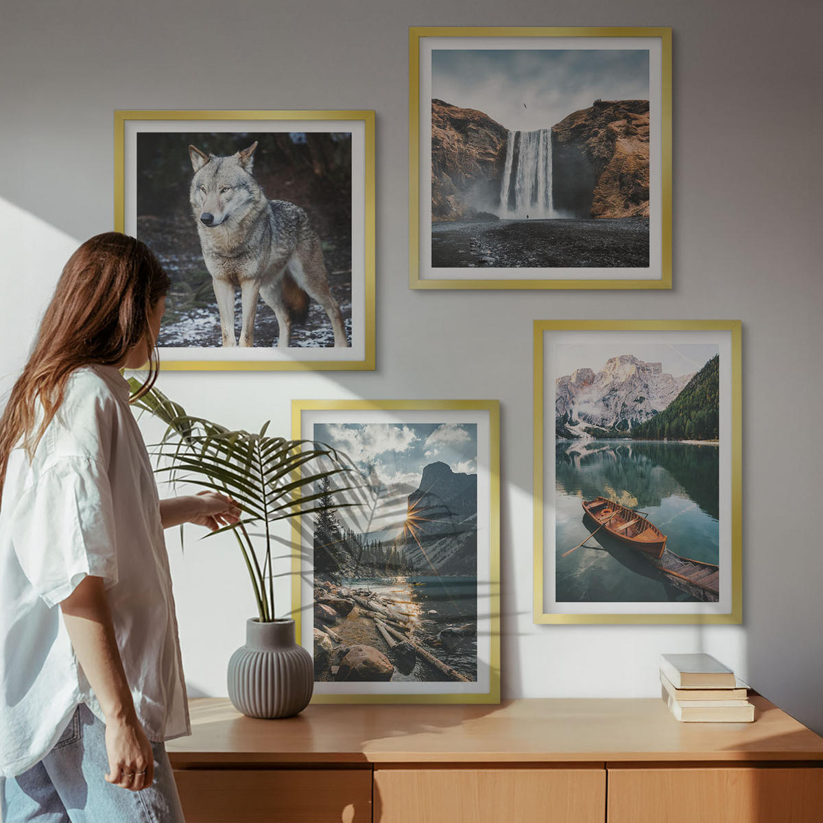 WANDBILDER 4er Set - 50x50 cm & 40x60 cm Goldrahmen - Berge, Seen, Wasserfall, Wolf - Goldfarben, Kunststoff (50/50cm) - ArtPrintCave