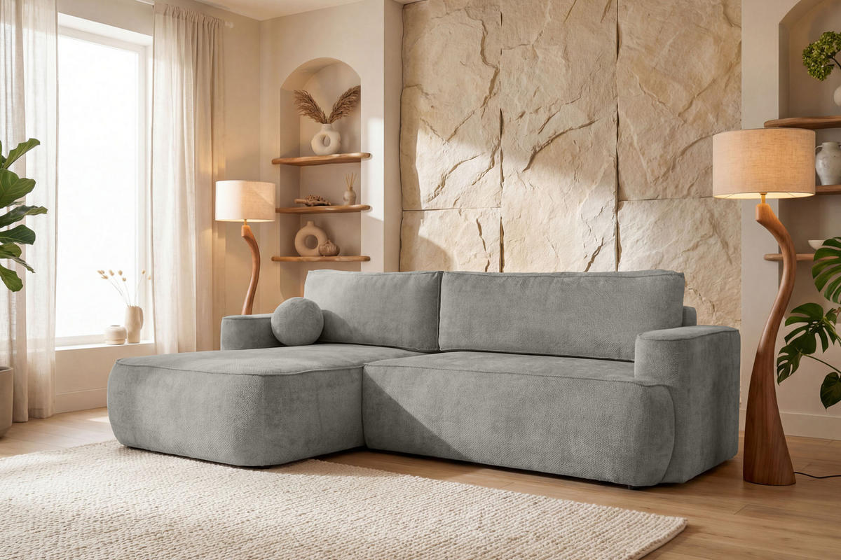 ECKSOFA Marion mit Schlaffunktion & Bettkasten in Chenille Grau, Links 267/154/83 cm - Schwarz/Grau, Kunststoff/Textil (267/154cm) - WFL GROUP