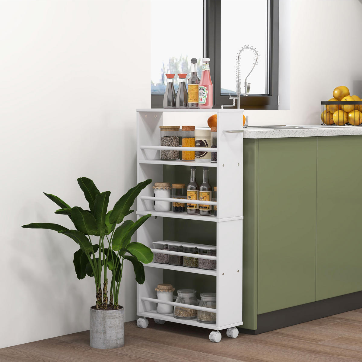 ROLLWAGEN, Schmaler Servierwagen mit 4 Etagen, Griffe, für Küche, Weiß - Weiß, Holzwerkstoff (15/91/45cm) - HOMCOM