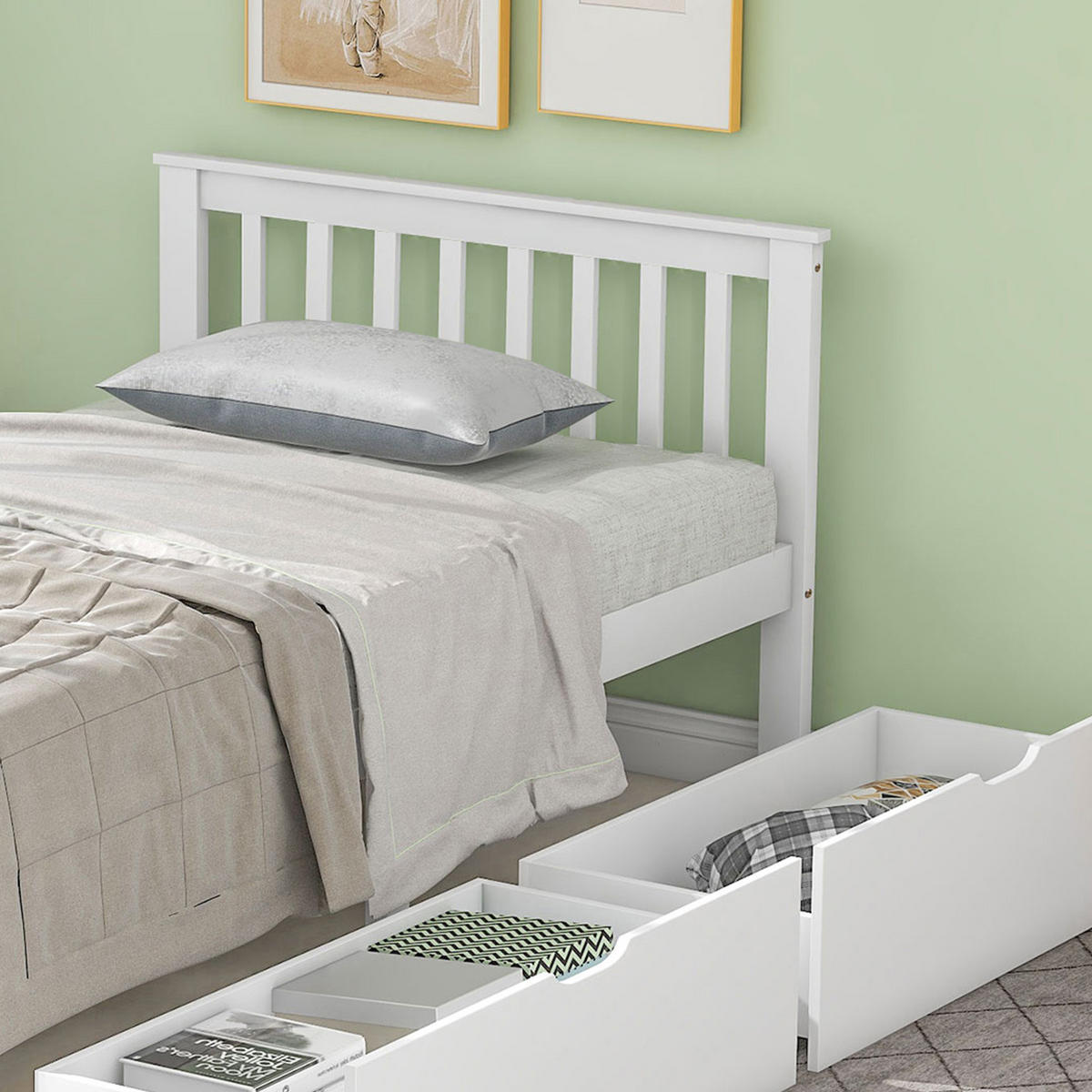 EINZELBETT 90x200 mit Schubladen, Stauraumbett für Jugendzimmer und Schlafzimmer, modernes Bettgestell, weiß - Weiß, Holz (90/200cm) - Luhomfu