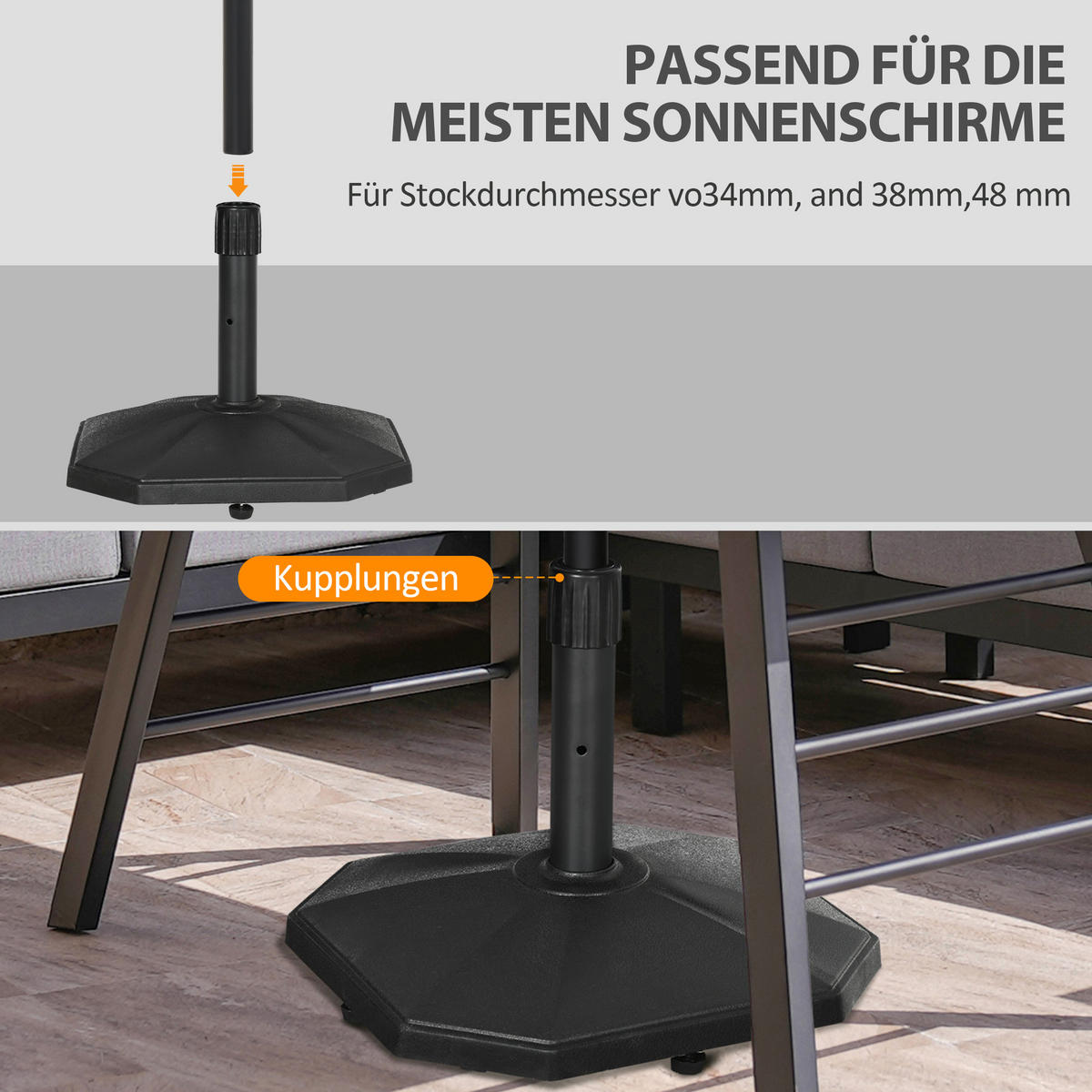 SONNENSCHIRMFUSS für Mastdurchmesser Ø 34/38/48 mm, für Garten, Balkon, Zementfüllung, Schwarz 45,5 x 45,5 x 33 cm - Schwarz, Kunststoff (45.5/45.5cm) - Outsunny