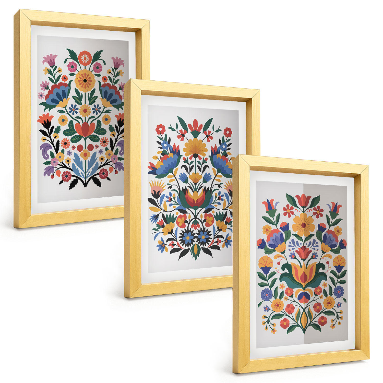 BILDER SET 3er Set - 20x30 cm Goldrahmen - Blumenmuster in intensiven Farben - Goldfarben, Kunststoff (20/30cm) - TULUP