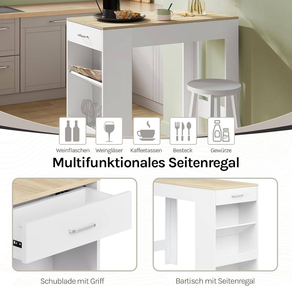 BARTISCH, Küchentisch mit Weinregal,100 x 50 x 100 cm - Hellbraun/Weiß, Holzwerkstoff (50/100/100cm) - Woltu