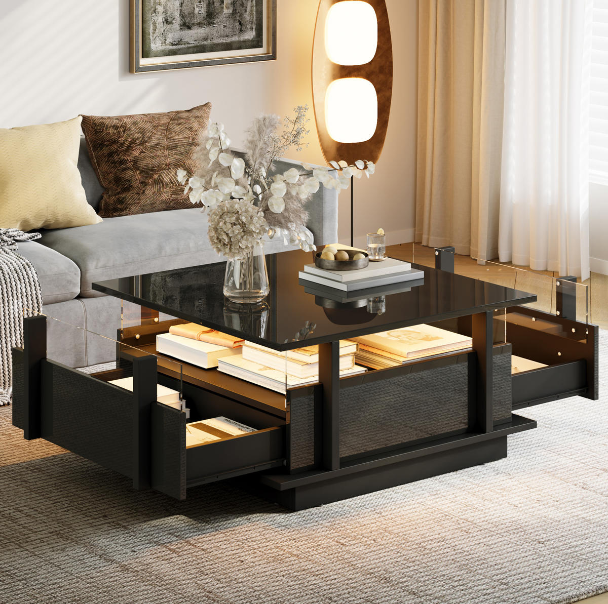 COUCHTISCH aus Spanplatte 70x70x35 cm Schwarz mit 2 Schubladen, LED-Beleuchtung und Acryl-Trennwänden - Schwarz, Holzwerkstoff (70/70/35cm) - IVMEU