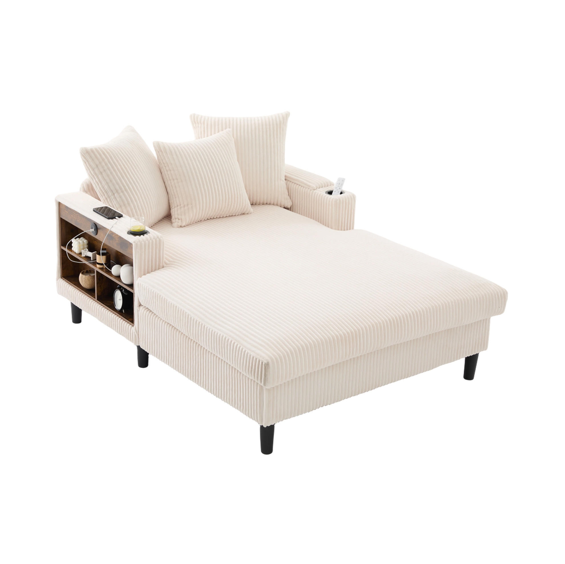 CHAISELONGUE 129/170/70 cm mit LED-Beleuchtung, USB-Ladeanschluss, Stauraum und Becherhaltern, Beige - Beige, Textil (170/70/129cm) - Redom