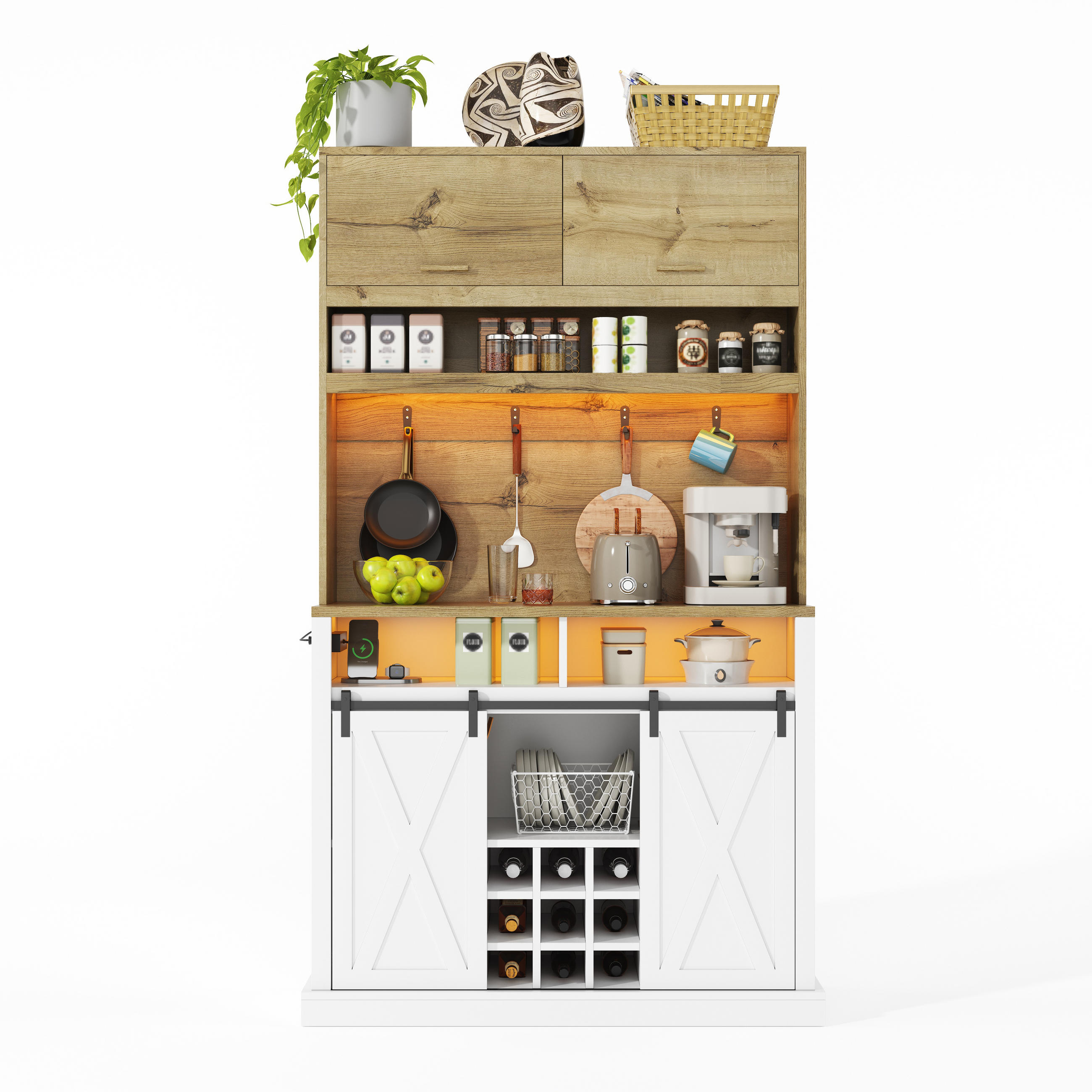 BUFFET 191 cm MDF Natur Weiß mit Vitrine, Weinregal und RGB-LED - Weiß, Holzwerkstoff (40/191/110cm) - Korfee