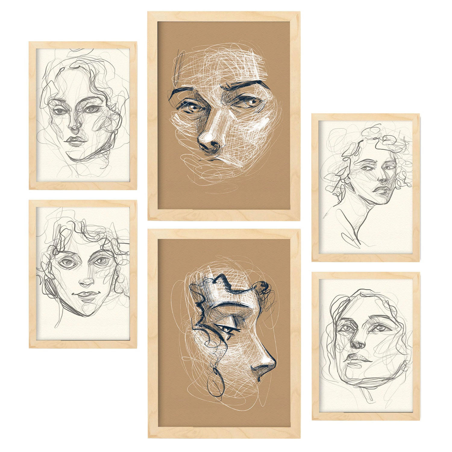 POSTER Set Mit 6 Verführerischer Junge In Weibliche Zusammenfassung A3 & A4 Rahmen Aus Hellem Holz - Beige, Papier (29/3cm) - Nacnic