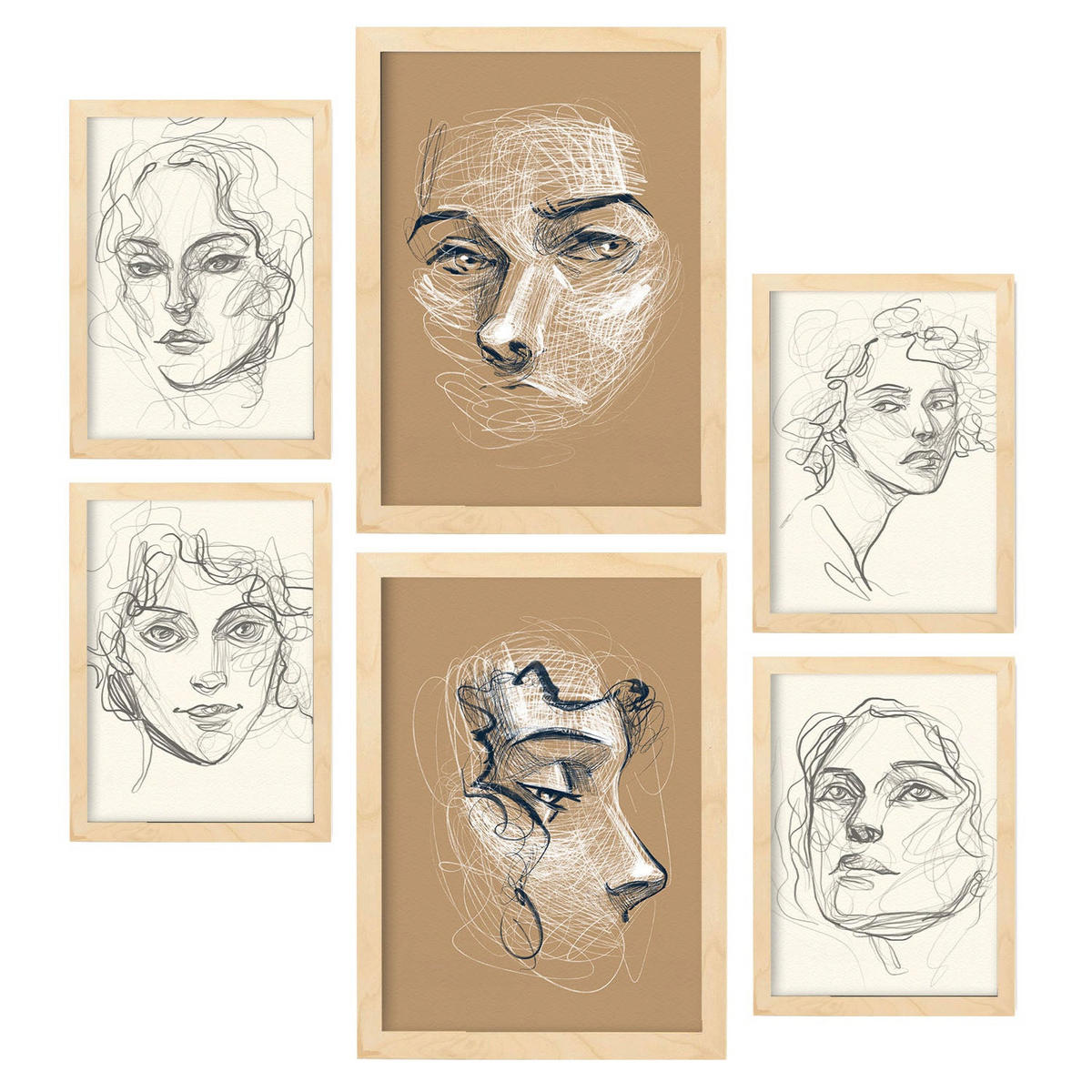 POSTER Set Mit 6 Verführerischer Junge In Weibliche Zusammenfassung A3 & A4 Rahmen Aus Hellem Holz - Beige, Papier (29/3cm) - Nacnic