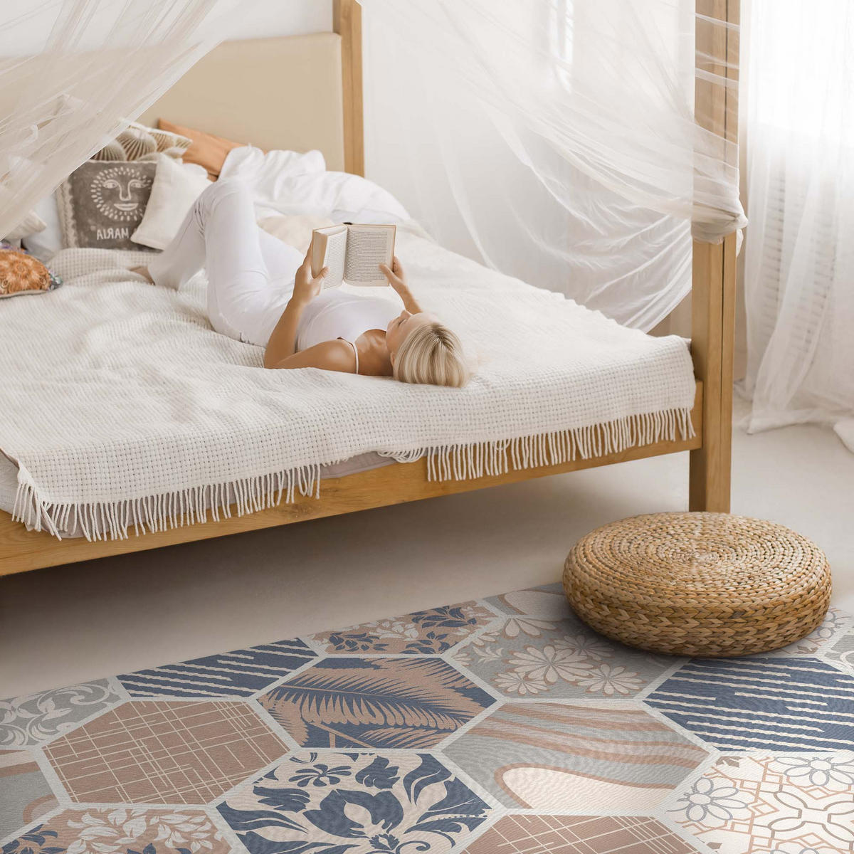 TEPPICH 120x180 cm Hawaiianische Hexagone Boho Kacheln - Beige, Kunststoff (120/180cm) - Wallfluent