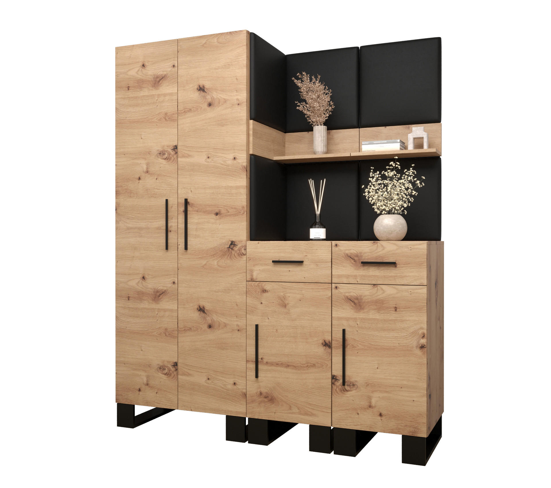 Abiks Möbel Garderoben-Set Eiche Artisan, Schwarz 158x196x45.6 cm