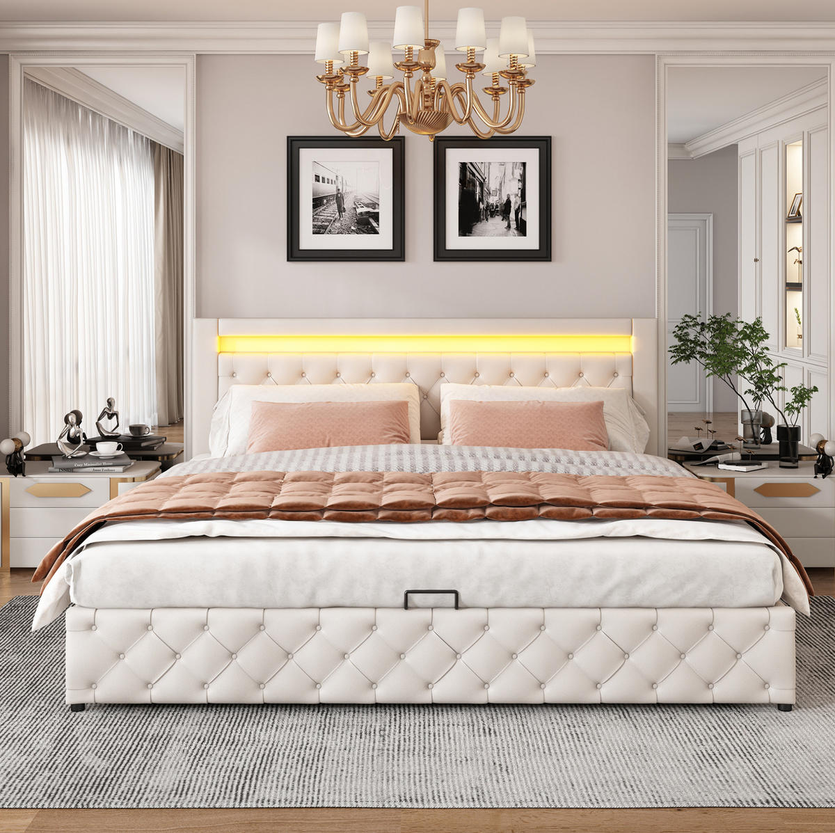POLSTERBETT aus PU 180x200 cm in Weiß mit LED-Beleuchtung & Stauraum - Weiß, Leder (180/200cm) - Modfu