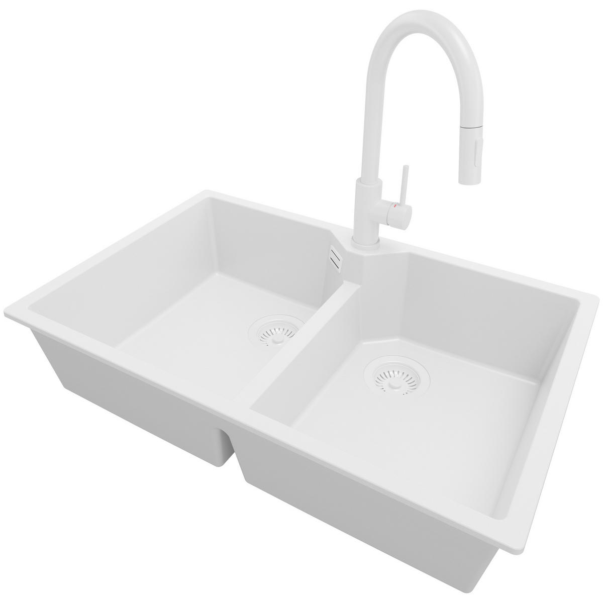 GRANITSPÜLE Madrid Twin, 2-er set Alles Weiß 78/50 cm 2 Becken + Küchenarmatur 40/20 cm + Ablauf-Set ab 80er Unterschrank - Weiß, Kunststoff (78/19/50cm) - Primagran