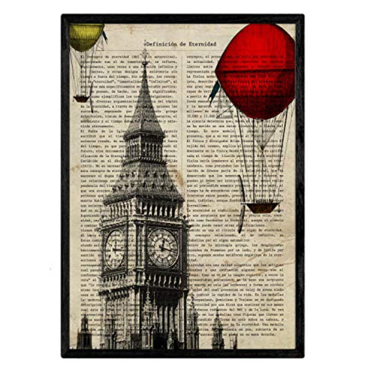 POSTER Set mit 4 Enzyklopädie Jahrgang London, Barcelona, Moskothek, Paris A4 Schwarzer Rahmen - Schwarz, Papier (29.7/3cm) - Nacnic