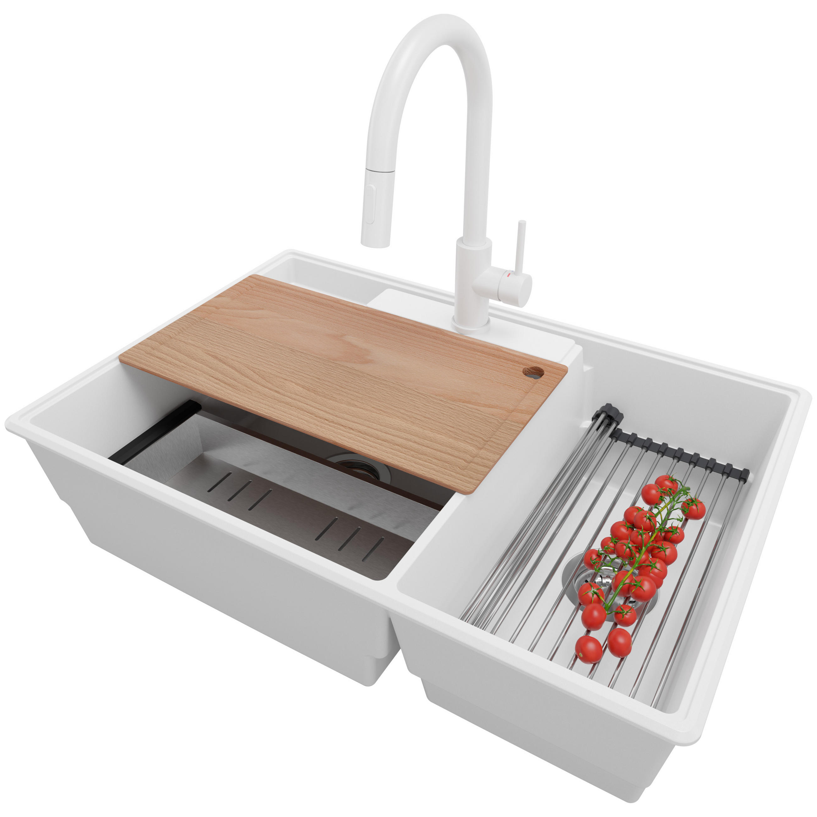 GRANITSPÜLE Paris, 2-er set Weiß 78/53 cm 2 Becken + Küchenarmatur 40/20 cm + Ablauf-Set + Küchenzubehörset ab 80er Unterschrank - Chromfarben/Edelstahlfarben, Kunststoff (78/20/53cm) - Primagran