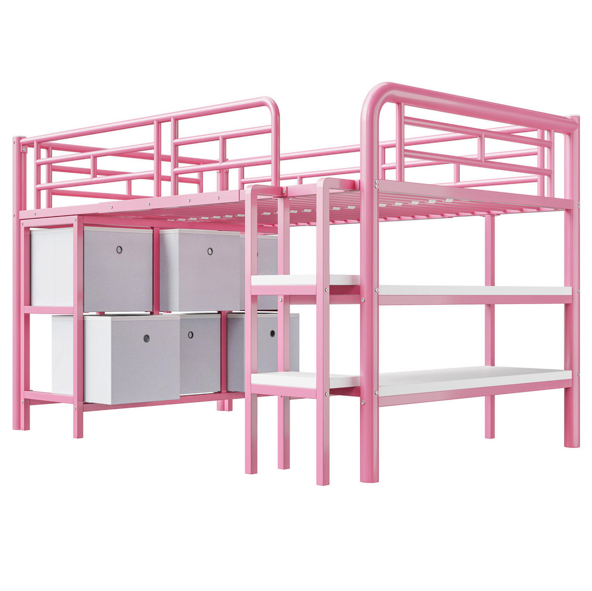 HOCHBETT 90/200 cm aus Metall und MDF mit Stauraumtreppe Rosa/Weiß - Rosa, Metall (90/200cm) - Modenvie