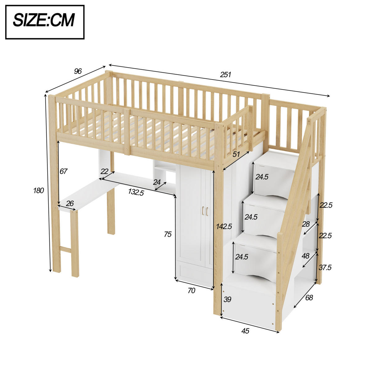 HOCHBETT 90/200 cm aus Kiefernholz, Sperrholz und MDF mit Kleiderschrank und Tisch - Naturfarben, Holz (90/200cm) - OKMYHOME